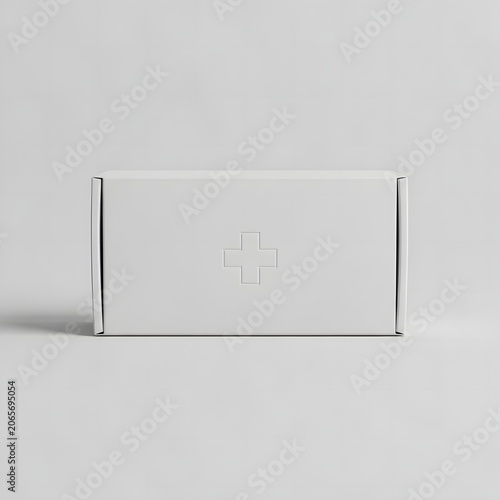 Minimalist White First Aid Kit Box Mockup with Embossed Medical Cross Icon Isolated on Plain Gray Background, Emergency Healthcare Packaging for Medical Supplies and Equipment.