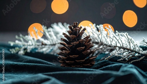 Pinecone and frosted branch with bokeh lights