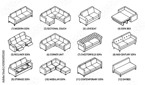 Cuadro en lienzo Isometric sofa line icons with convertible beds and hidden storage furniture col