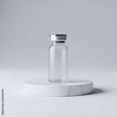 Empty medical glass vial with metallic cap on circular white marble podium. Professional pharmaceutical product mockup on clean studio background for laboratory or clinical branding.