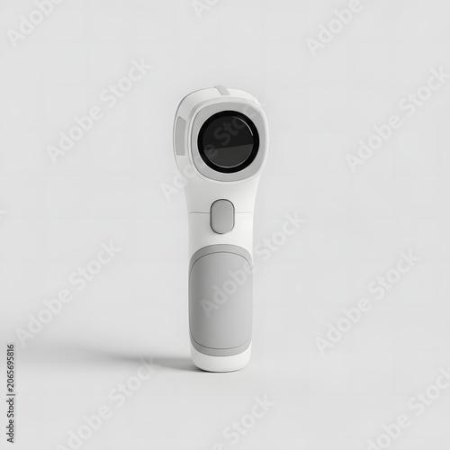 Modern white digital infrared medical thermometer for non-contact forehead temperature measurement. Professional clinical healthcare equipment isolated on a clean white background.