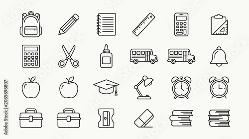 Billede på lærred A comprehensive set of outline icons representing various school and education supplies and objects, perfect for learning and academic themes