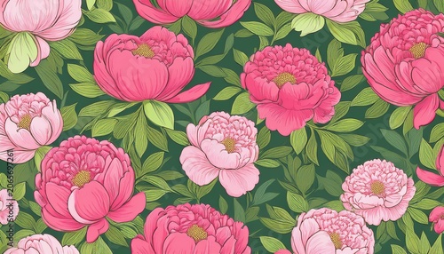 blooming peonies seamless pattern in pink and green colors