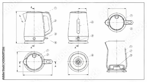 Tableau sur toile Electric Kettle Technical Drawing Blueprint Design Schematics.