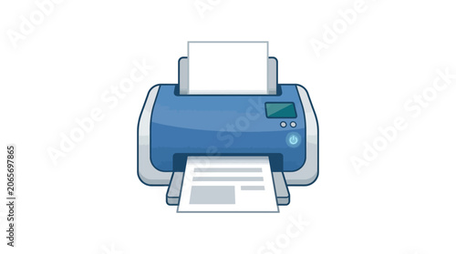 Foto Modern blue printer machine printing a document on white background