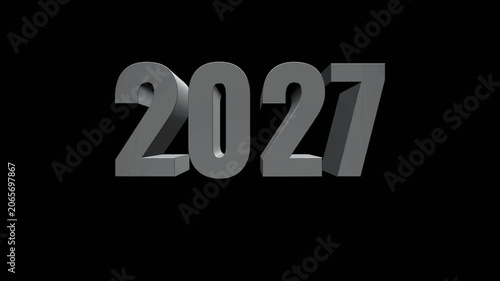 3D Silver Text Representing Year 2027 on Black Background. 4K Video