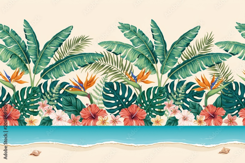 Obraz premium Tropical beach border with monstera leaves, hibiscus flowers, bird of paradise plants, and seashells on a sandy shoreline background