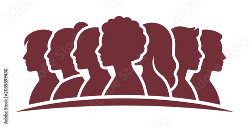 Diverse Group of People Silhouettes in Maroon Vector