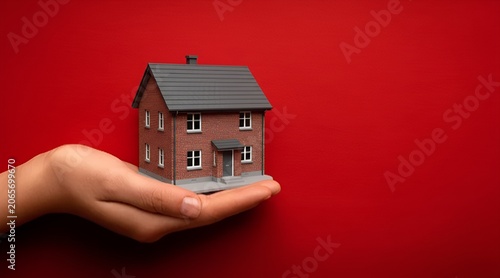 Hand holding a miniature grey house on a bright red background, modern property management and insurance concept