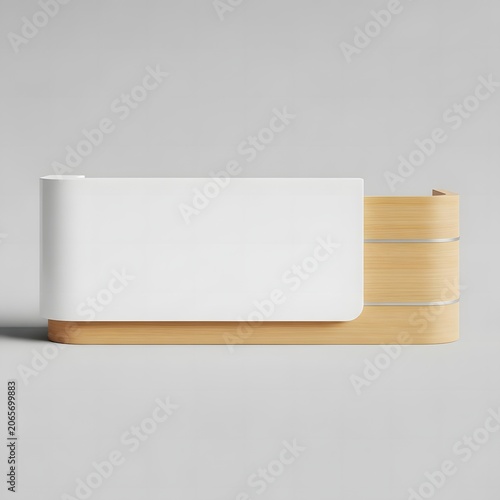Modern hospital reception desk with white matte front and light wood trim, featuring metallic accents for medical clinic, office lobby or dental practice isolated on neutral gray background.