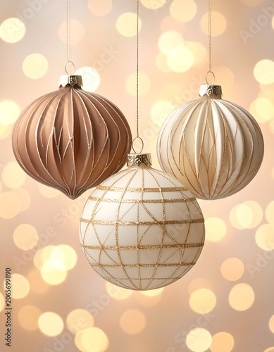 Three hanging paper Christmas ornaments in warm tones against bokeh lights