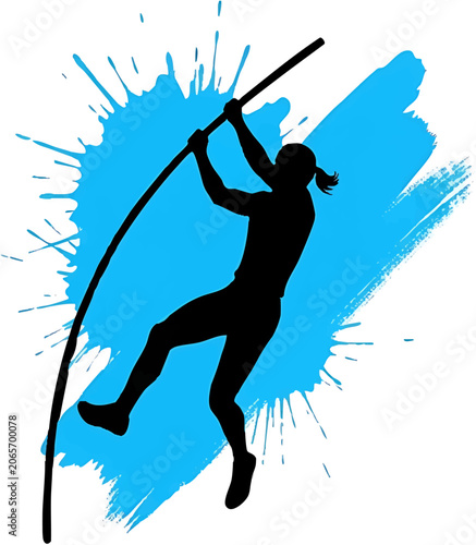 Vector design silhouette of a female pole vaulter in action, athletic jump with a pole, dynamic sports illustration on a blue splash background