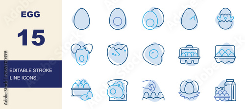 Quadro su tela Egg, Fried Egg, Cracked Egg, Egg Carton and Breakfast Food Line Icons Set Editab