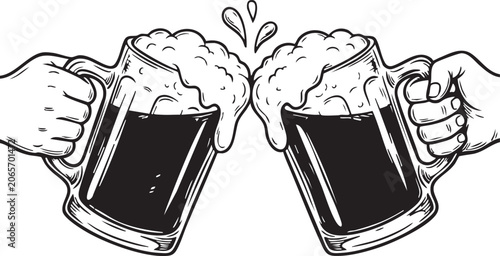 Foto Two beer mugs clinking, black and white vector illustration.