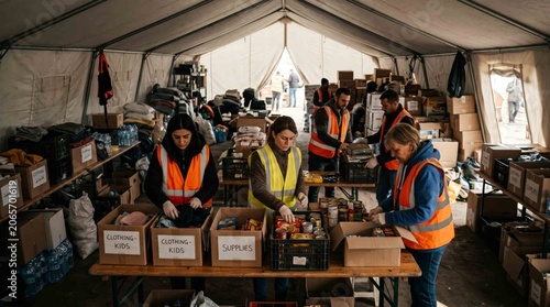 Volunteers Sorting Donated Supplies in Humanitarian Aid Tent, Relief Center Concept
