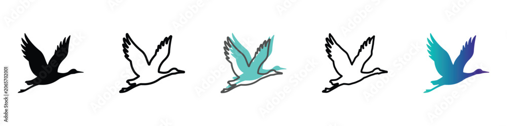 Fototapeta premium Graceful crane bird in flight, depicted in various artistic styles and colors