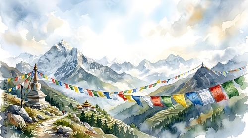 Colorful Tibetan Prayer Flags in Himalaya Mountain Valley Watercolor Background Banner