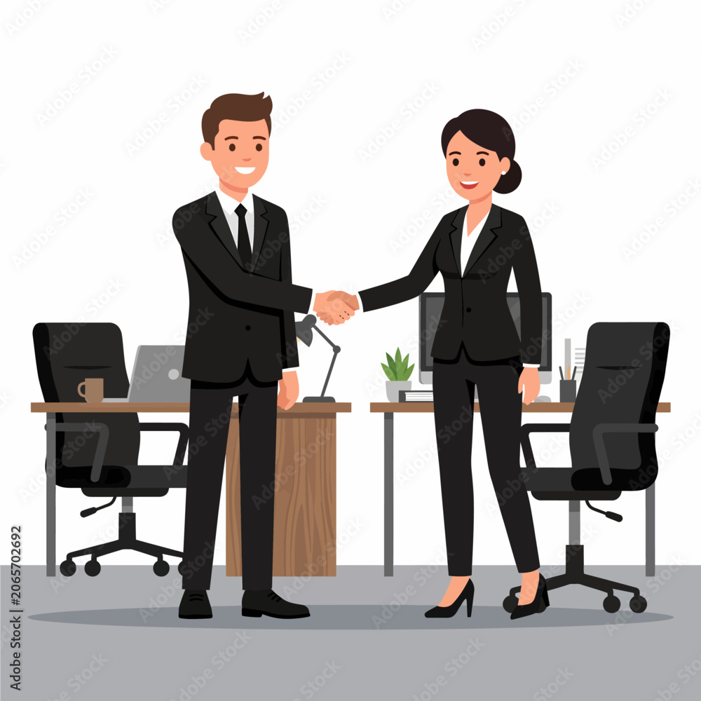 Fototapeta premium Two smiling business professionals, a man and a woman, shaking hands in a modern office setting, symbolizing agreement, partnership, or a successful meeting.