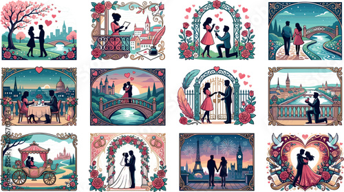 Foto Romantic Romantic Wedding and Valentines Day Vector Illustration Set Featuring C