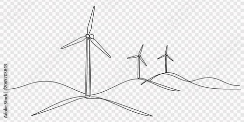 Cuadro en lienzo Hilly landscape with wind farm turbines energy continuous one line icon drawing