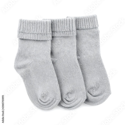 Three light gray baby ankle socks with ribbed cuffs