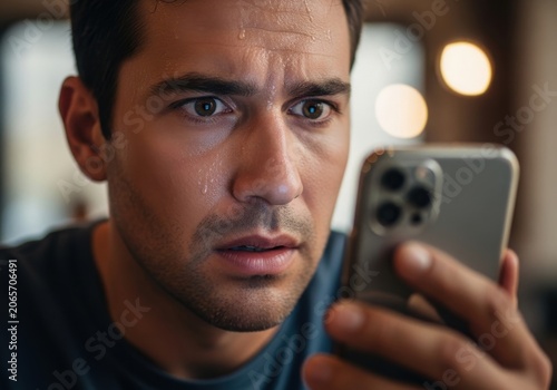 Closeup of a stressed man sweating while looking at his smartphone screen with a worried and anxious expression in a dimly lit room