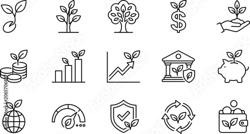 Set of green investment and sustainable finance line icons, ecofriendly business, environmental growth, vector illustration