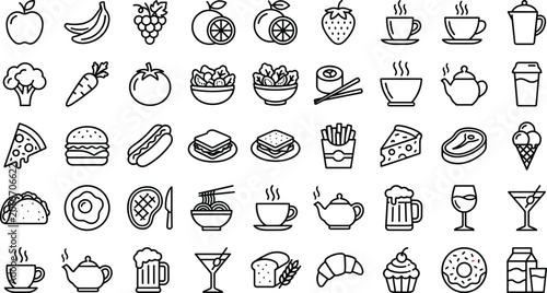 Obraz na płótnie Food and Drink Line Icon Set Featuring Healthy Fruits Vegetables Fast Food Meals