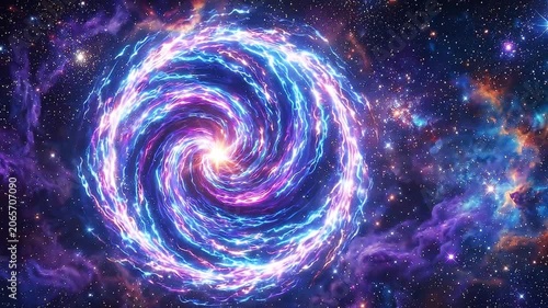 Slow tracking zoom of glowing energy vortex spiraling and pulsing through colorful nebula in deep space cosmos with electric light rings and rotating portal motion