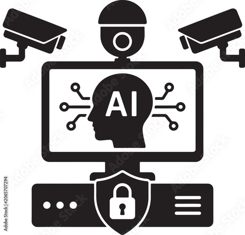 Artificial Intelligence AI Security System with Surveillance Cameras Icon Vector