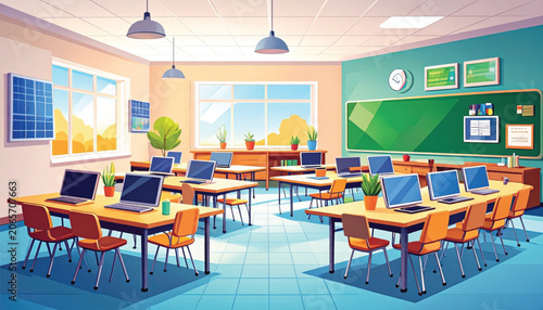 Classroom with desks and laptops.