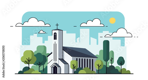 Canvastavla Flat style vector illustration of church building surrounded by trees and cityscape