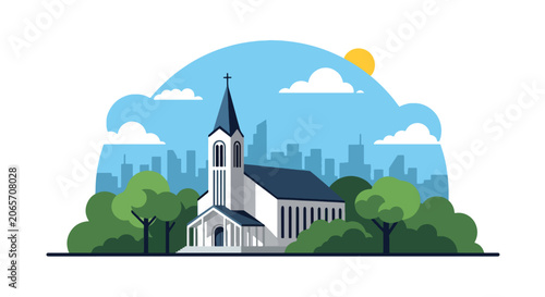Konstfotografi Flat style vector illustration of church building surrounded by trees and cityscape