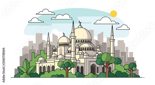Bild auf Leinwand Flat style vector illustration of mosque building with domes and minaret in city setting