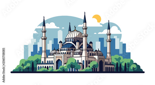 Bild auf Leinwand Flat style vector illustration of mosque building with domes and minaret in city setting