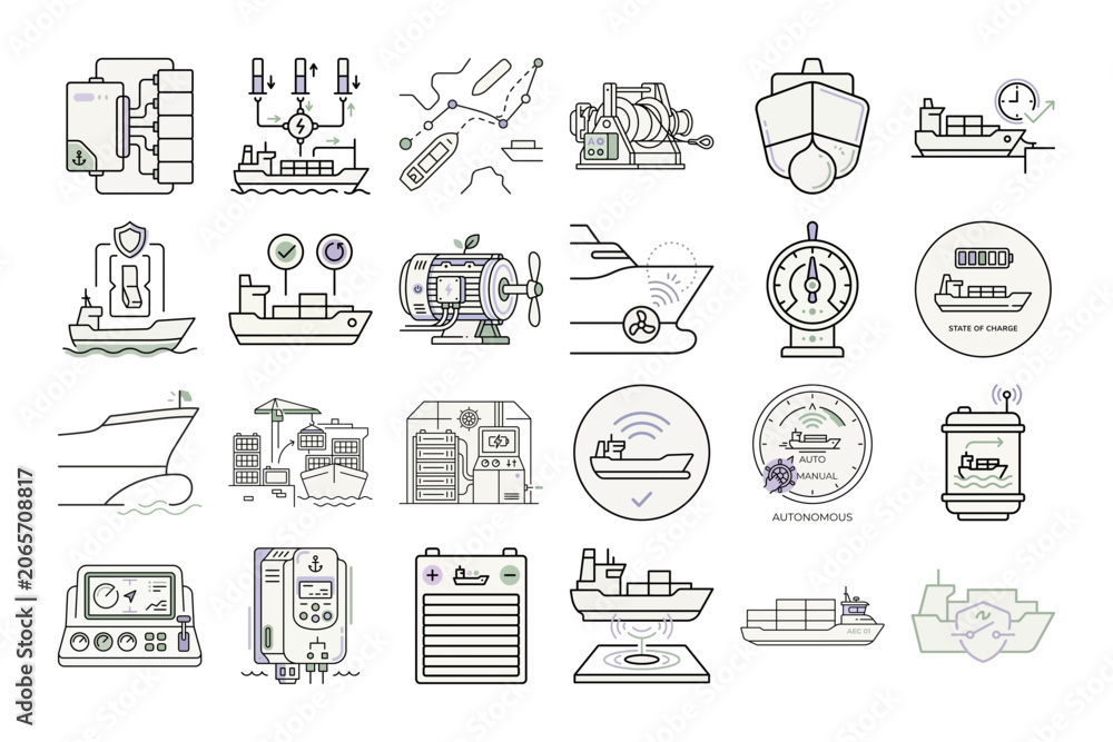 Fototapeta premium Autonomous Electric Ship Icons or Cargo Ship Illustrations Set