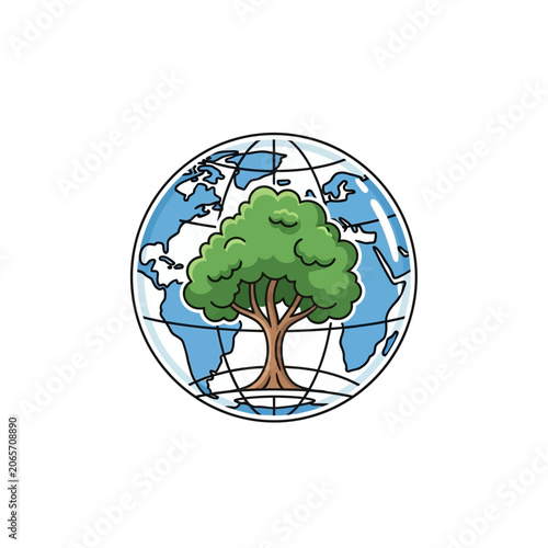 Green tree inside planet earth globe on white background