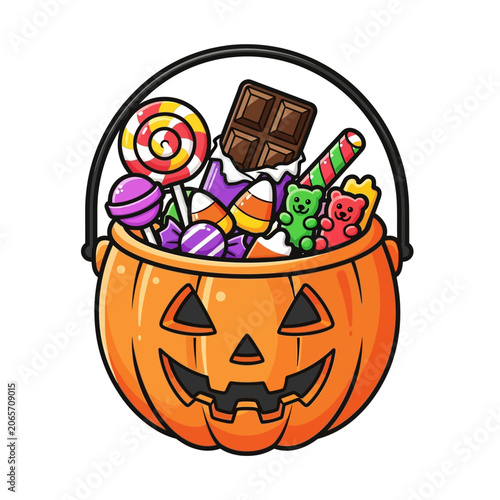 Halloween pumpkin bucket filled with various candies and sweets