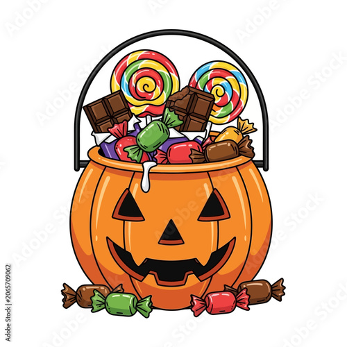 Halloween jack o lantern bucket overflowing with colorful candy treats