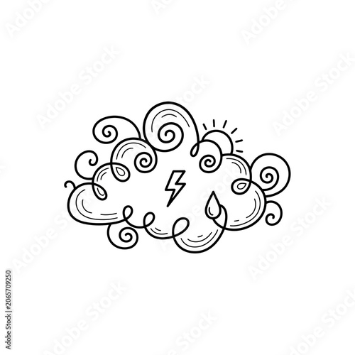 Hand drawn weather cloud with lightning sun and rain doodle