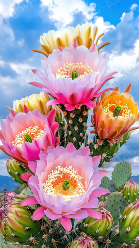 Blooming cactus flower in the desert during rare dramatic rain moment