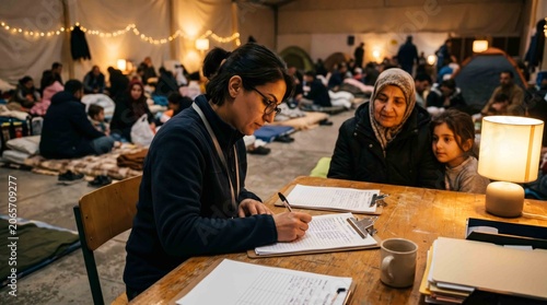 Aid worker assists a family in a crowded shelter recording details in a temporary refugee camp environment