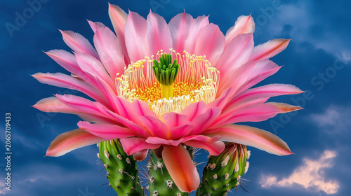 Blooming cactus flower in desert rain capturing a rare dramatic moment.