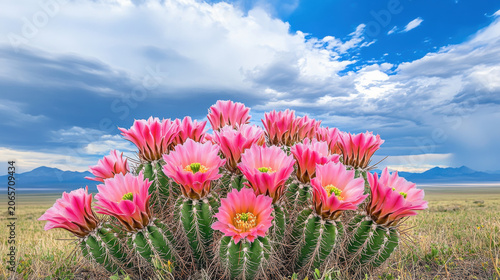 Blooming cactus flower captured during a rare desert rainstorm with dramatic lighting.