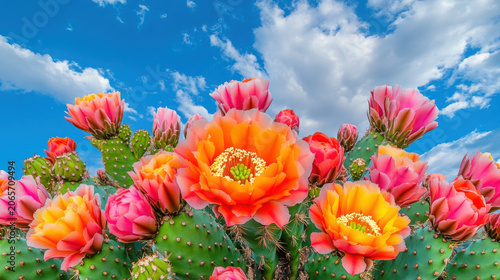 Blooming cactus flower in desert rain during a rare dramatic moment.