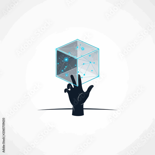 Hand reaching for glowing digital data cube illustration