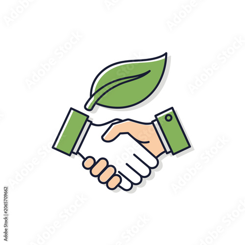 Handshake with green leaf representing environmental business partnership