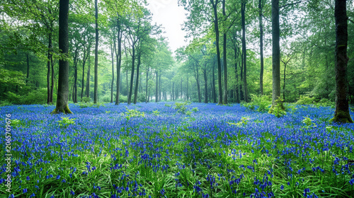 Bluebell forest in spring rain with foggy, magical woodland atmosphere.