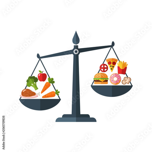 Healthy and junk food on a balance scale illustration