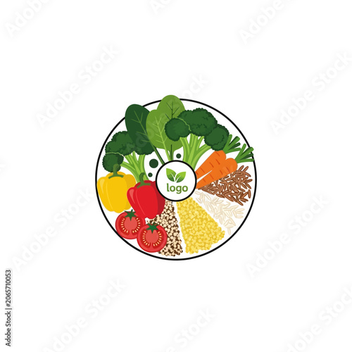 Healthy food plate with various vegetables and grains illustration